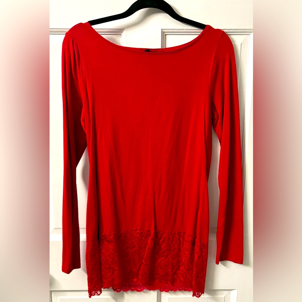 White House Black Market Red Lace Trim Long Sleeve Top M
